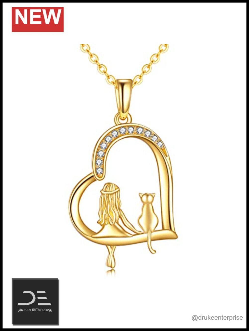 14k Gold Cat Heart Pendant Necklace Fine Pet Jewelry Gift for Women